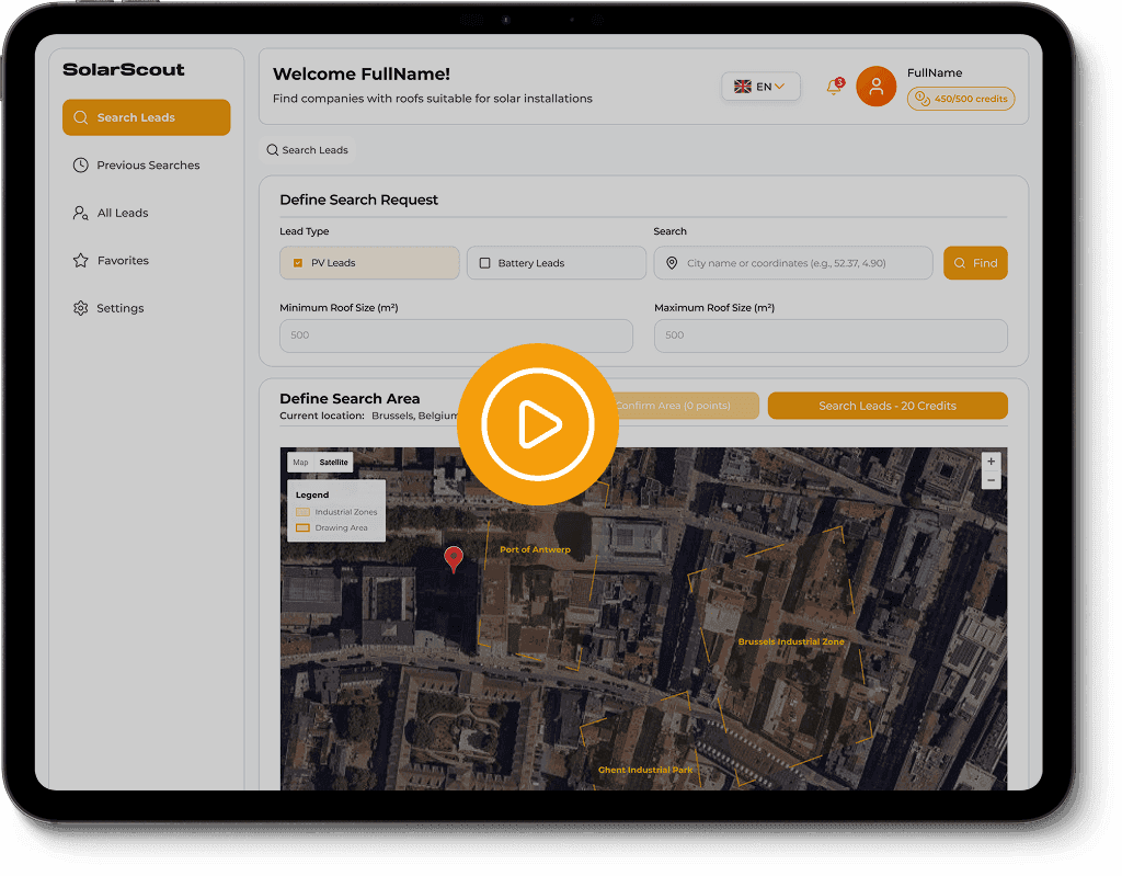Het SolarScout-platform met de bedrijvenkaart van Vlaanderen op een iPad